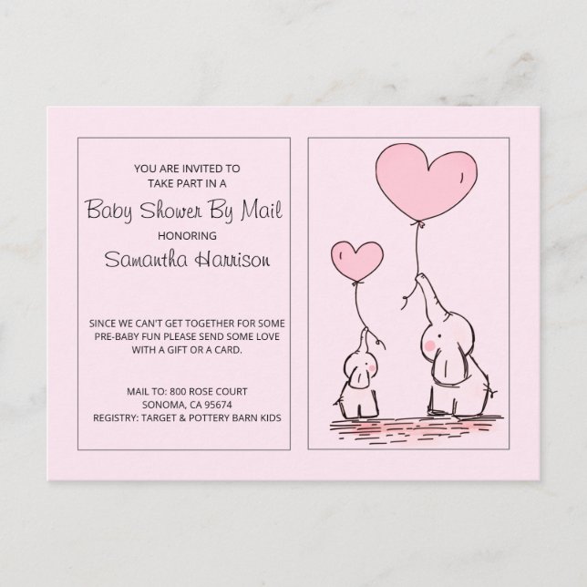Baby Shower By Mail Elephants Pink Baby Girl Invitation Postcard (Front)