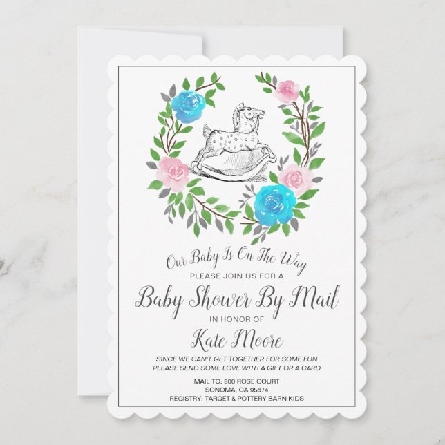 Baby Shower By Mail | Floral Wreath Rocking Horse Invitation (Front)