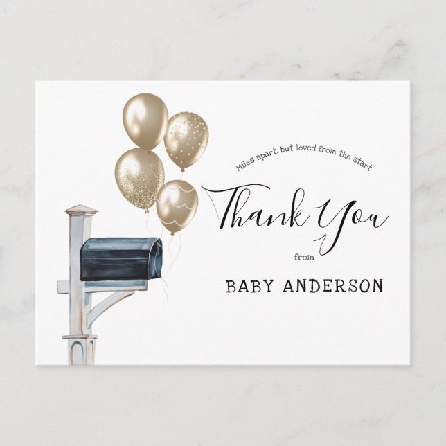 Baby Shower by Mail Gold Balloons Thank You Postcard (Front)