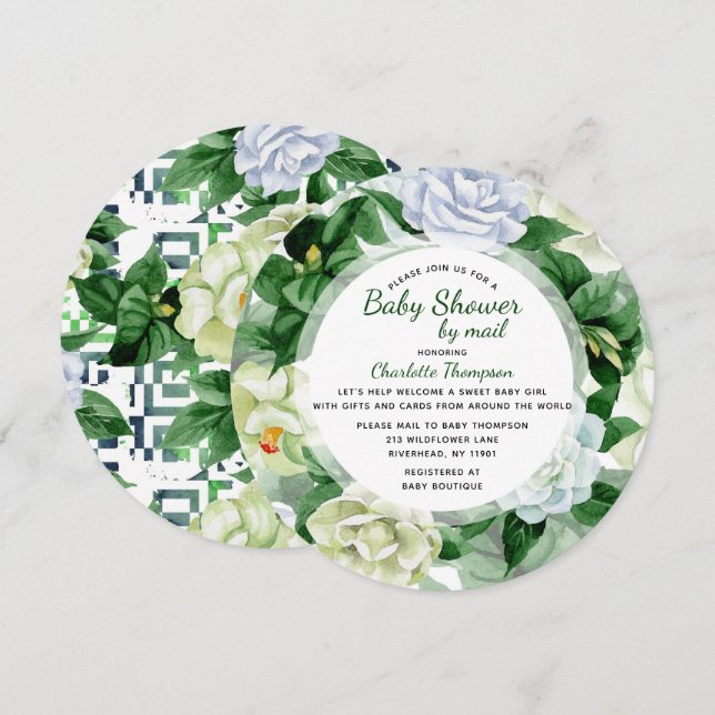 Baby Shower By Mail Green Watercolor Floral Invitation (Front/Back)