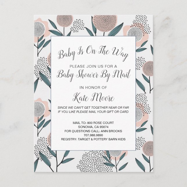 Baby Shower By Mail Hand Drawn Dusty Rose Floral Invitation Postcard (Front)