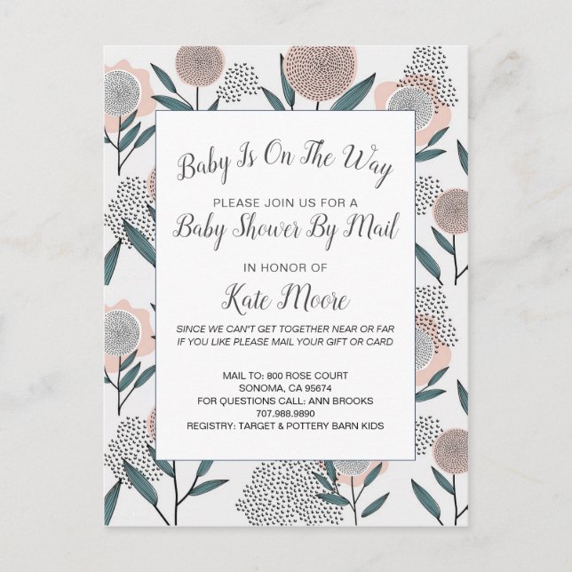 Baby Shower By Mail Hand Drawn Dusty Rose Floral Invitation Postcard (Front)