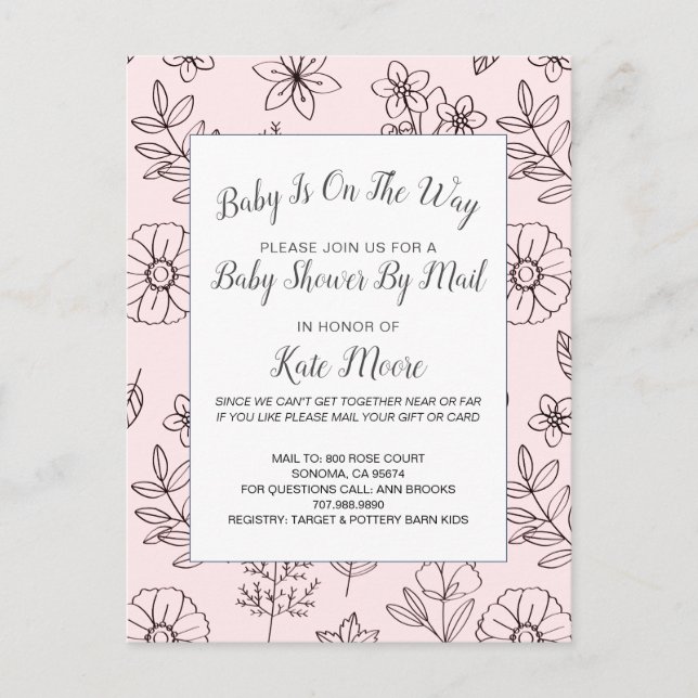 Baby Shower By Mail Hand Drawn Flowers Pink Invitation Postcard (Front)