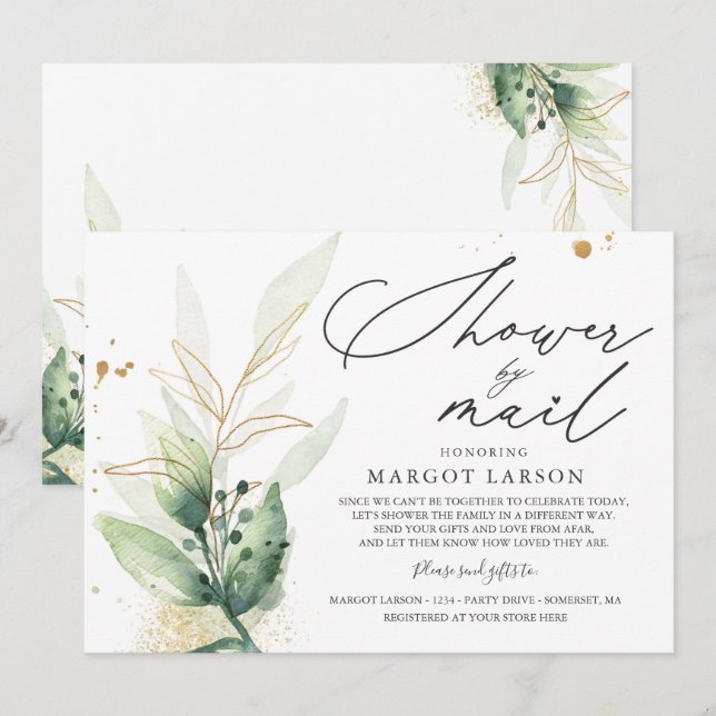 Baby Shower By Mail Invitation Greenery & Gold (Front/Back)