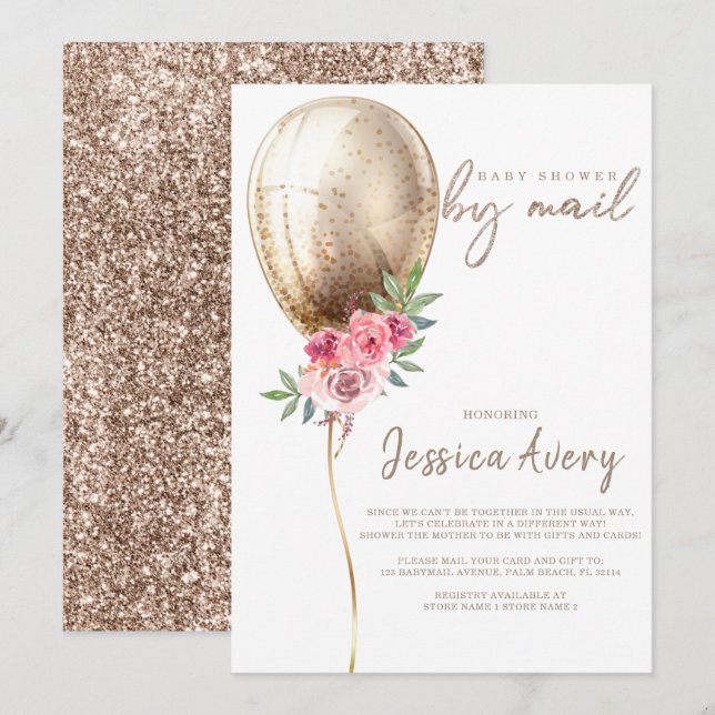 Baby Shower by Mail Luxury Beige Balloon Glitter Invitation (Front/Back)