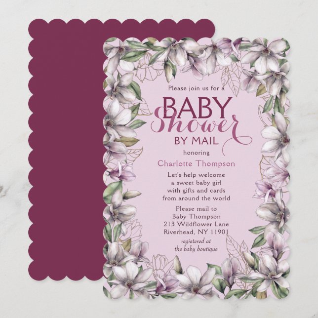 Baby Shower By Mail Magnolia Watercolor Floral Invitation (Front/Back)