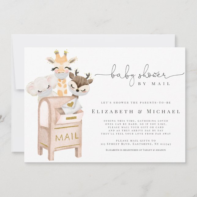 Baby Shower By Mail Masked Baby Animals Gold Invitation (Front)