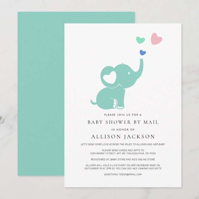 Baby Shower By Mail Mint Green Elephant Invitation (Front/Back)