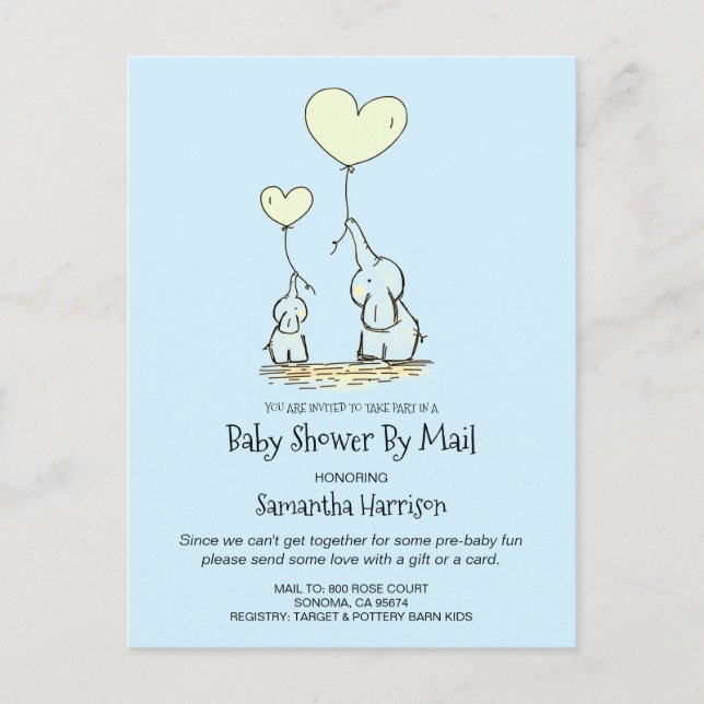 Baby Shower By Mail Mum And Baby Elephant Baby Boy Invitation Postcard (Front)