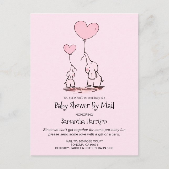 Baby Shower By Mail Mum And Baby Elephant Pink Invitation Postcard (Front)