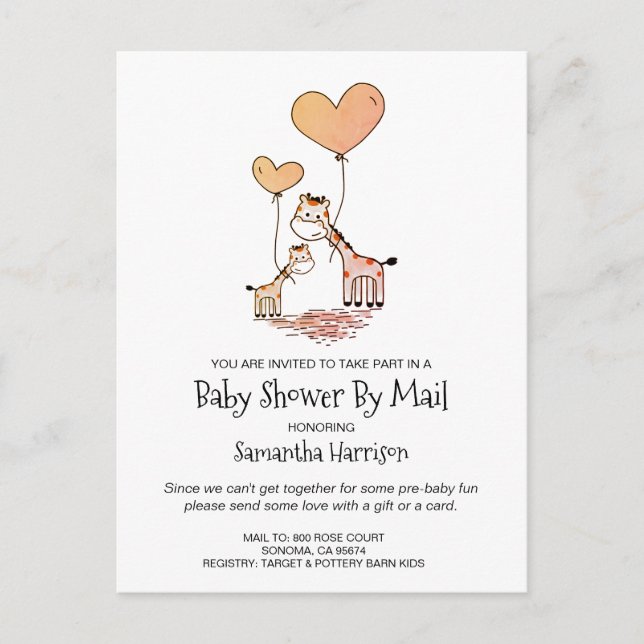 Baby Shower By Mail Mum And Baby Giraffe Invitation Postcard (Front)