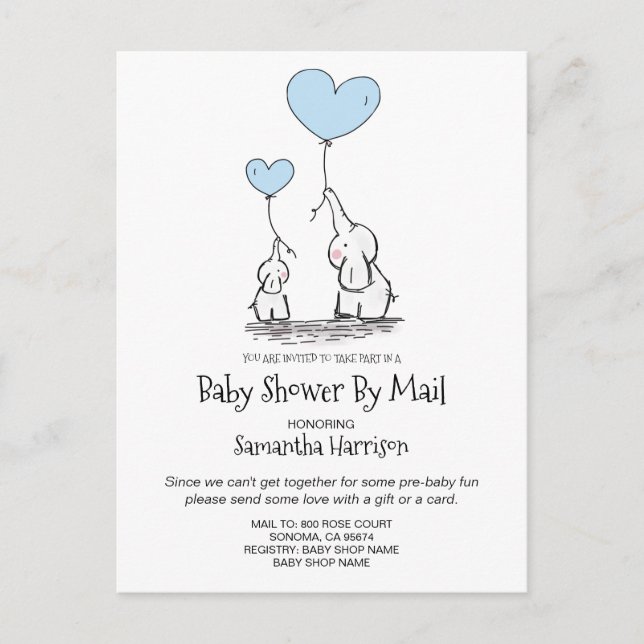 Baby Shower By Mail Mum Baby Elephant Boy Blue Invitation Postcard (Front)
