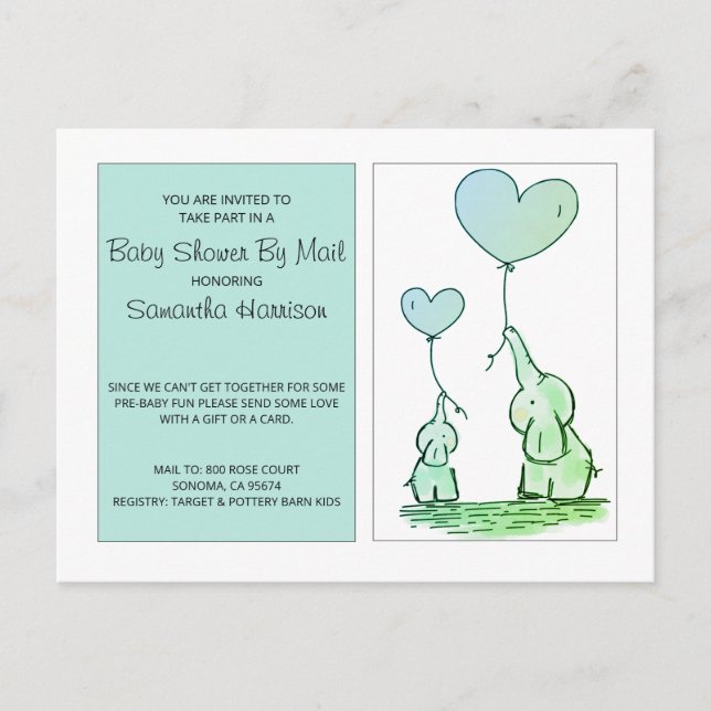 Baby Shower By Mail Mum Baby Elephants Blue Green Invitation Postcard (Front)