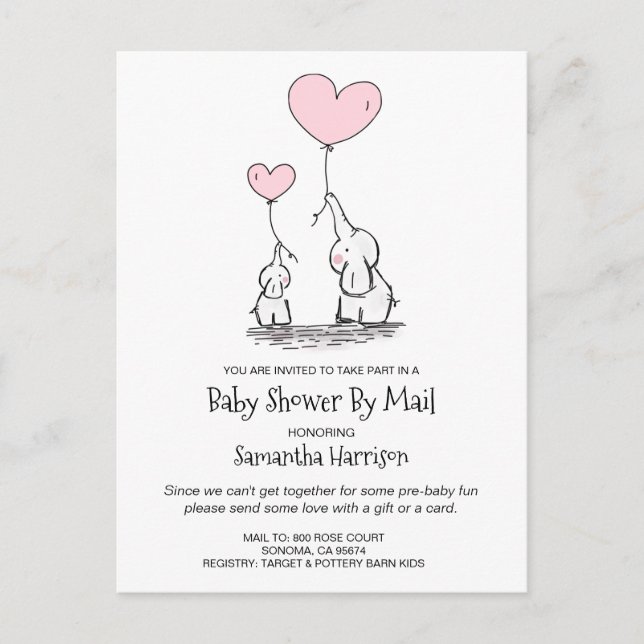Baby Shower By Mail Mum & Baby Elephants Invitation Postcard (Front)