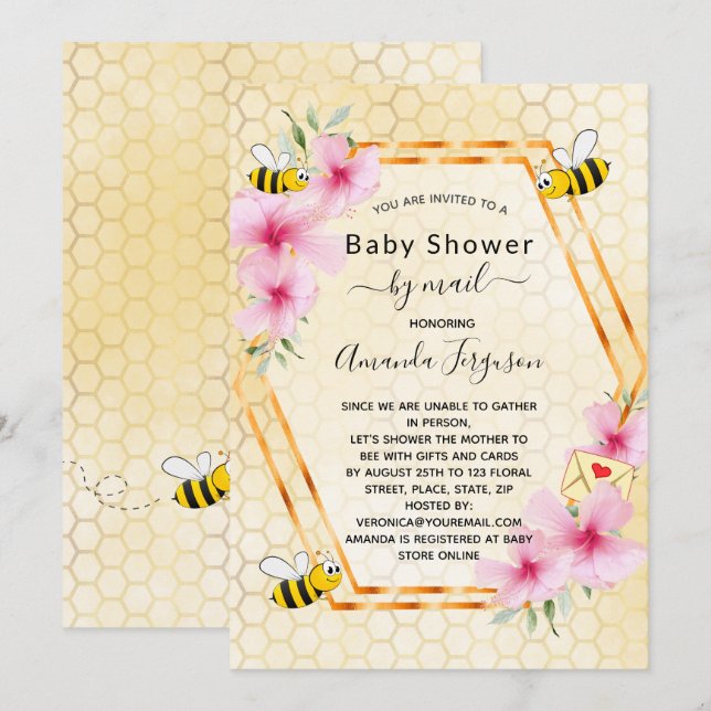 Baby Shower by mail mum to bee yellow floral girl Invitation (Front/Back)
