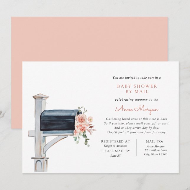 Baby Shower by Mail Pink Flowers in Mailbox Invitation (Front/Back)