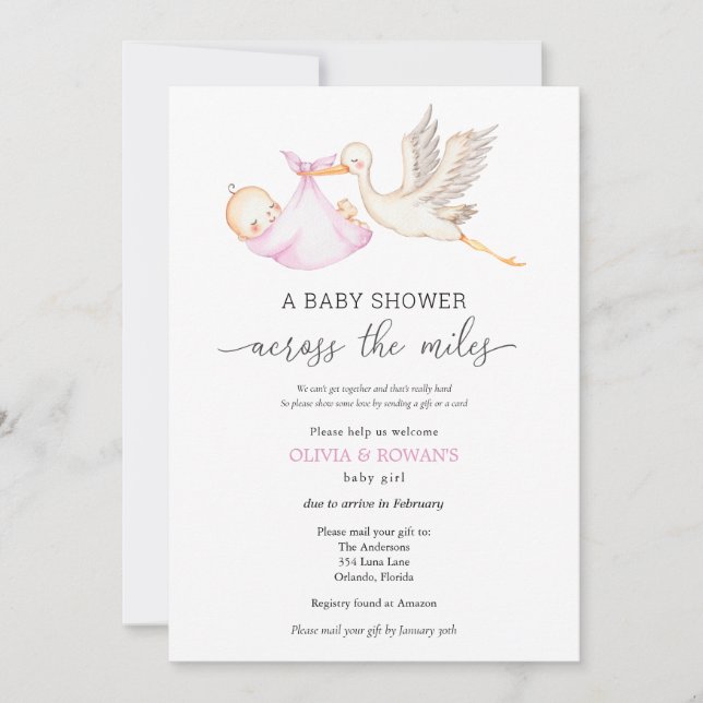 Baby Shower by Mail Pink Girl Stork Invitation (Front)