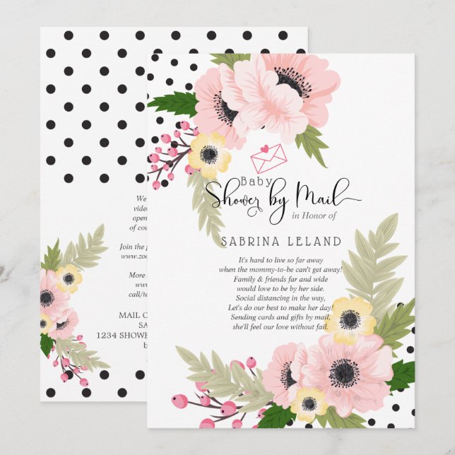 Baby Shower by Mail  Pink Yellow Poppies Dots Invitation (Front/Back)