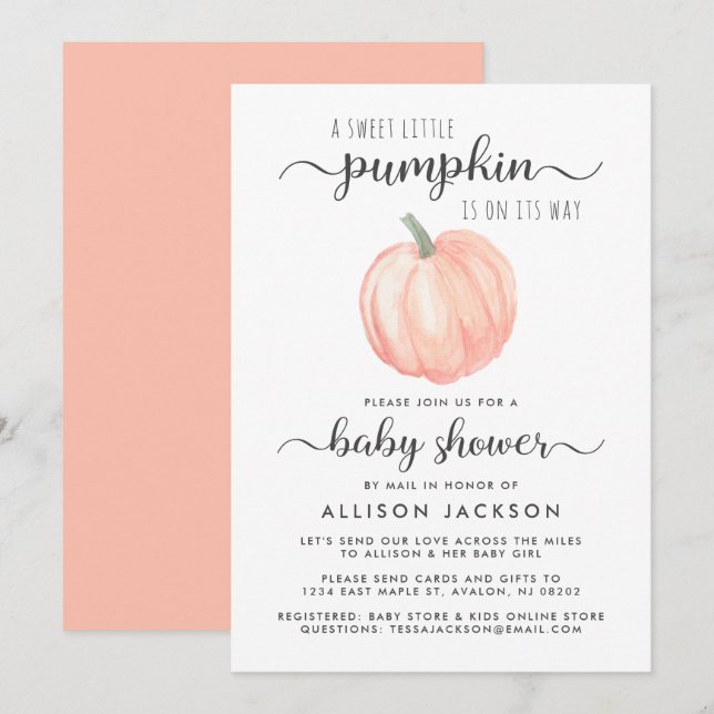 Baby Shower By Mail Pumpkin Orange Watercolor Invitation (Front/Back)