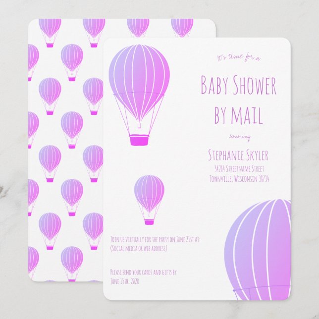 Baby Shower by Mail Purple Hot Air Balloon Invitation (Front/Back)