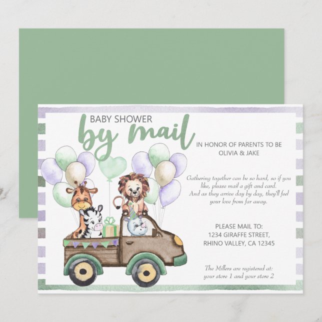 Baby Shower by Mail Safari Truck and Cute Animals Invitation (Front/Back)