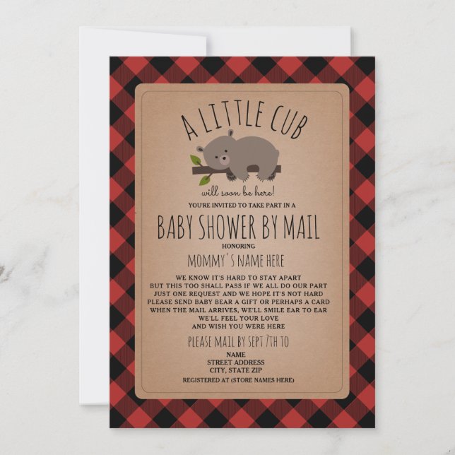Baby Shower By Mail Social Distancing Plaid Bear Invitation (Front)