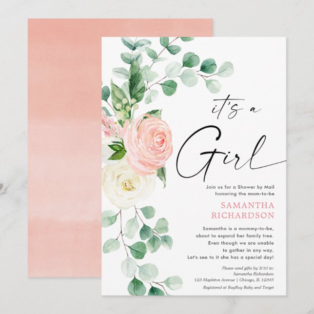 Baby Shower by Mail spring floral pink greenery Invitation (Front/Back)