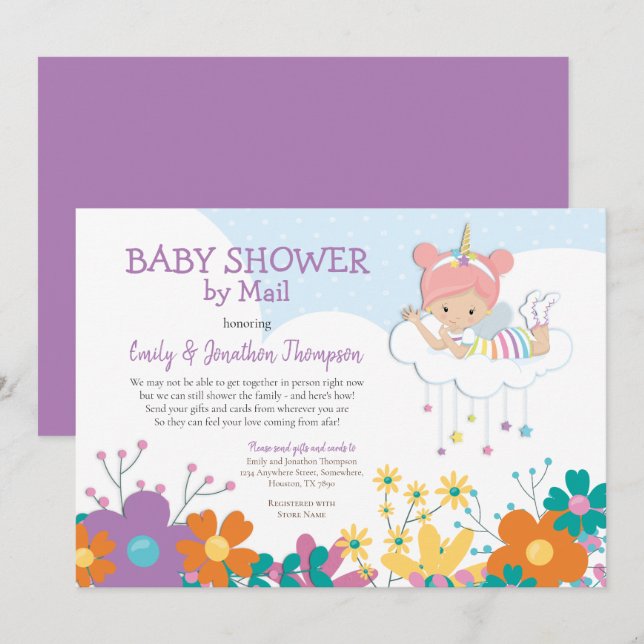Baby Shower By Mail Unicorn Fairy Florals Invitation (Front/Back)