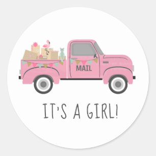 Baby Shower By Mail Vintage Pink Truck Classic Round Sticker