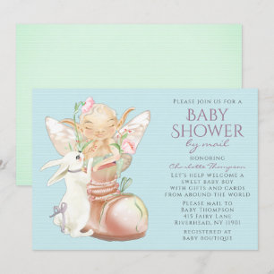 Baby Shower By Mail Watercolor Boy Fairy Rabbit Invitation