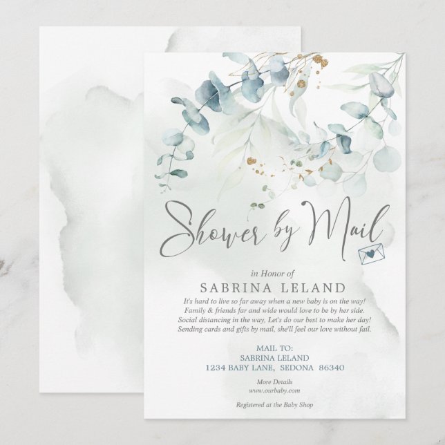 Baby Shower by Mail Watercolor Eucalyptus Greenery Invitation (Front/Back)