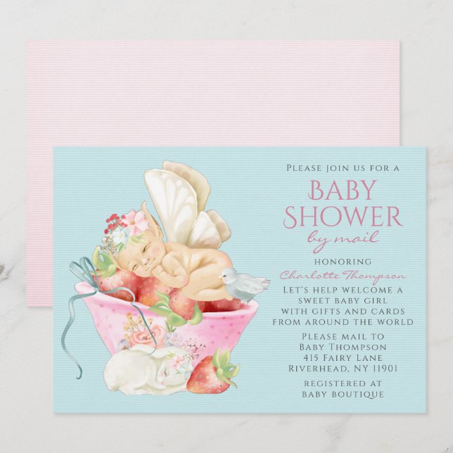 Baby Shower By Mail Watercolor Girl Fairy Rabbit Invitation (Front/Back)