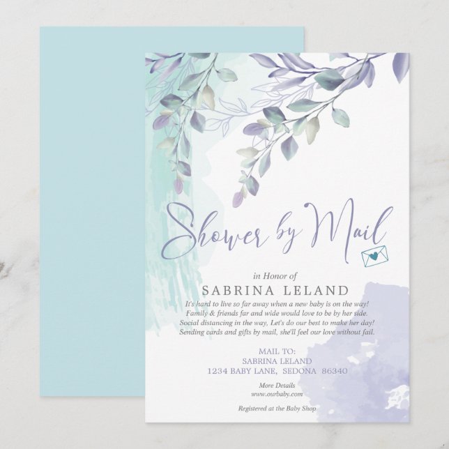 Baby Shower by Mail Watercolor Lilac and Teal Invitation (Front/Back)