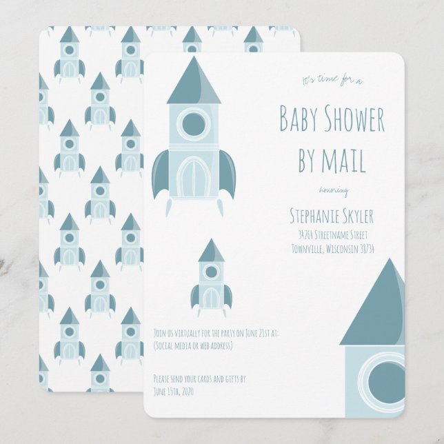 Baby Shower By Mail White Blue Rocket Ship Invitation (Front/Back)