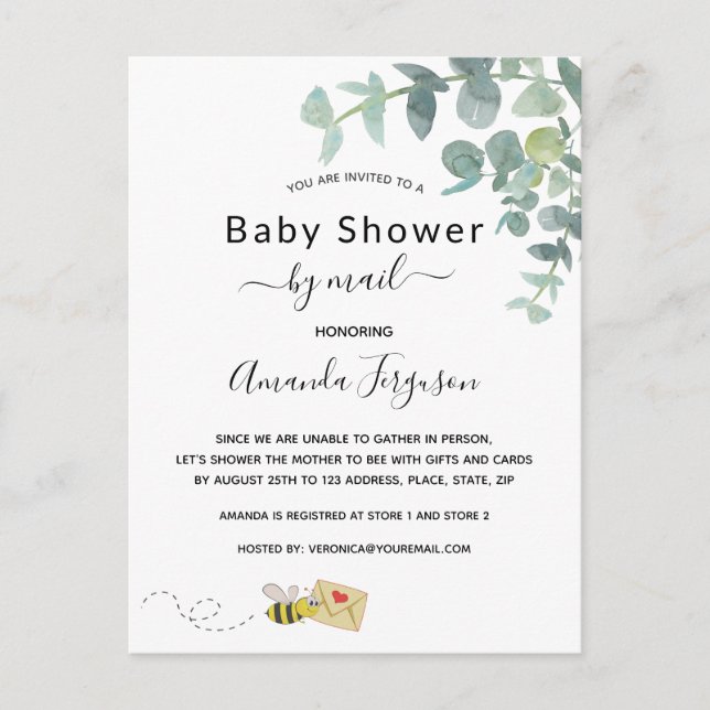 Baby Shower by mail white eucalyptus greenery bee Postcard (Front)