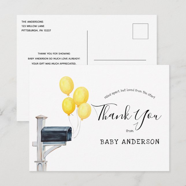 Baby Shower by Mail Yellow Balloons Thank You Postcard (Front/Back)