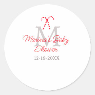 Baby shower candy cane Christmas holiday monogram Classic Round Sticker