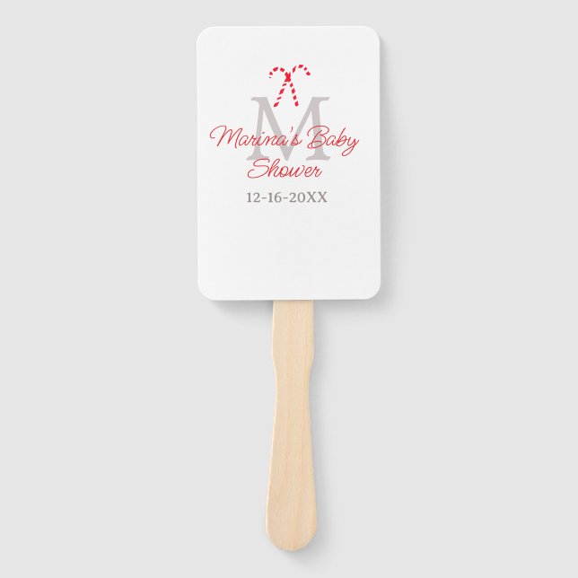 Baby shower candy cane Christmas holiday monogram  Hand Fan (Front)