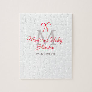 Baby shower candy cane Christmas holiday monogram  Jigsaw Puzzle