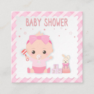 Baby shower card, baby girl and toy. Greeting card