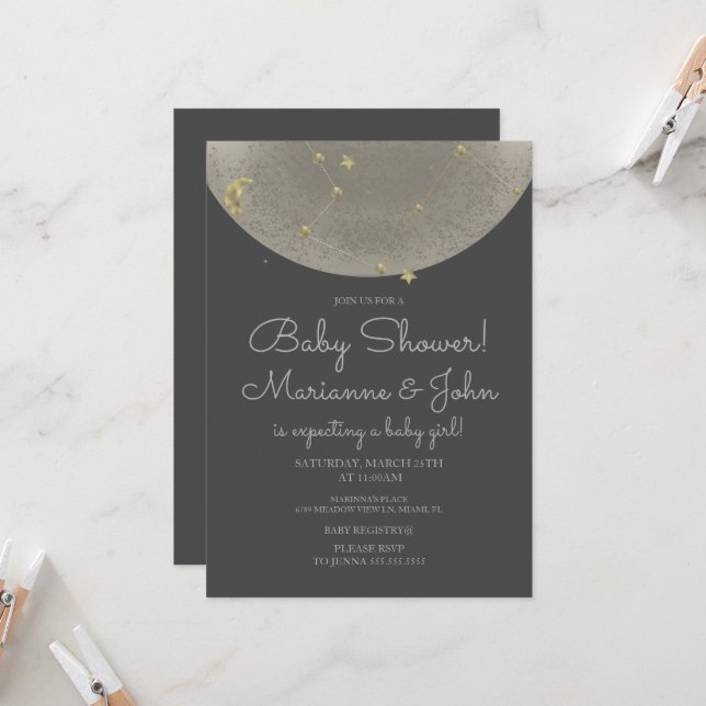 Baby Shower Celestial Moon Stars Faux Gold Invitation (Front/Back In Situ)