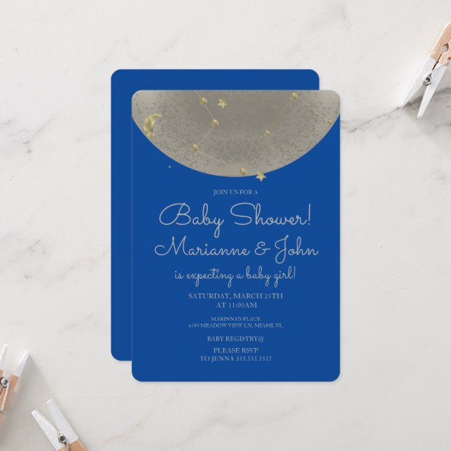 Baby Shower Celestial Moon Stars Faux Gold Invitation (Front/Back In Situ)