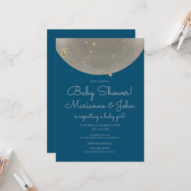 Baby Shower Celestial Moon Stars Faux Gold  Invitation (Front/Back In Situ)