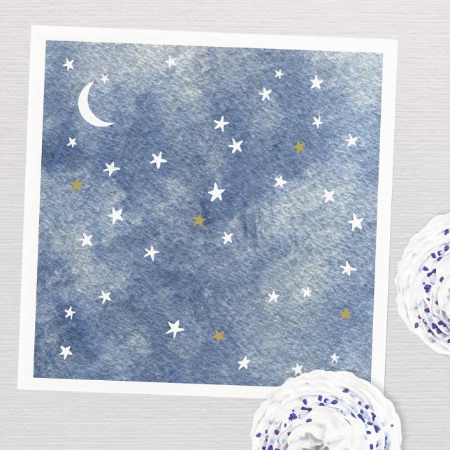 Baby Shower Celestial Star Watercolor Navy Blue Napkin (Celestial watercolor moon and stars party paper napkins)