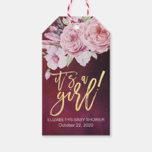 Baby Shower Chic Boho Floral Feathers Burgundy Red Gift Tags