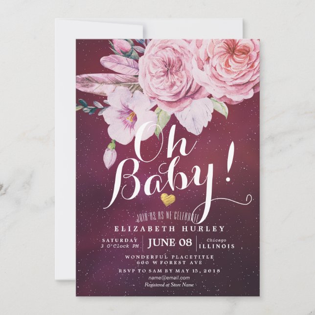 Baby Shower Chic Boho Floral Feathers Burgundy Red Invitation (Front)