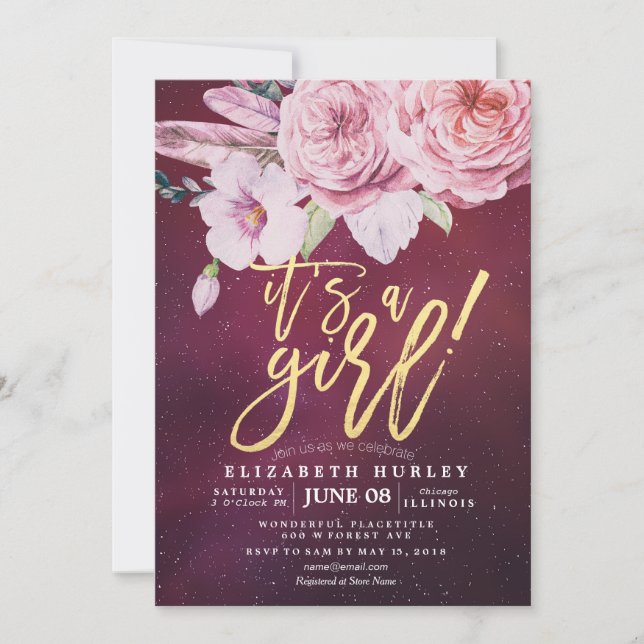 Baby Shower Chic Boho Floral Feathers Burgundy Red Invitation (Front)