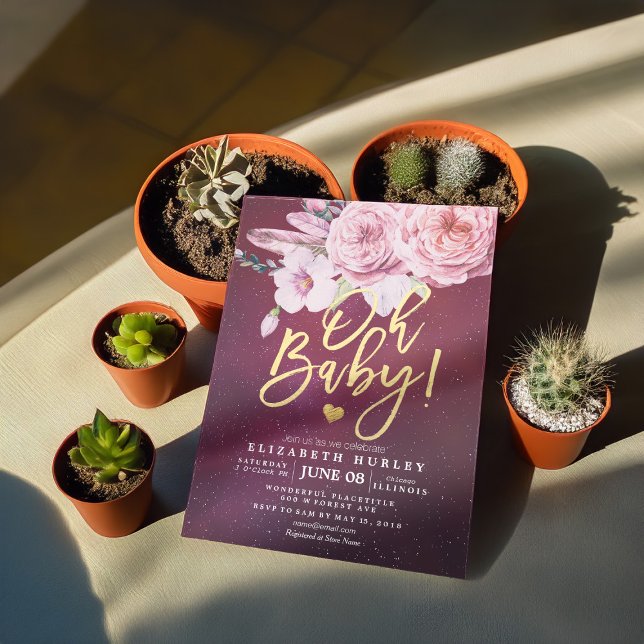 Baby Shower Chic Boho Floral Feathers Burgundy Red Invitation (Creator Uploaded)