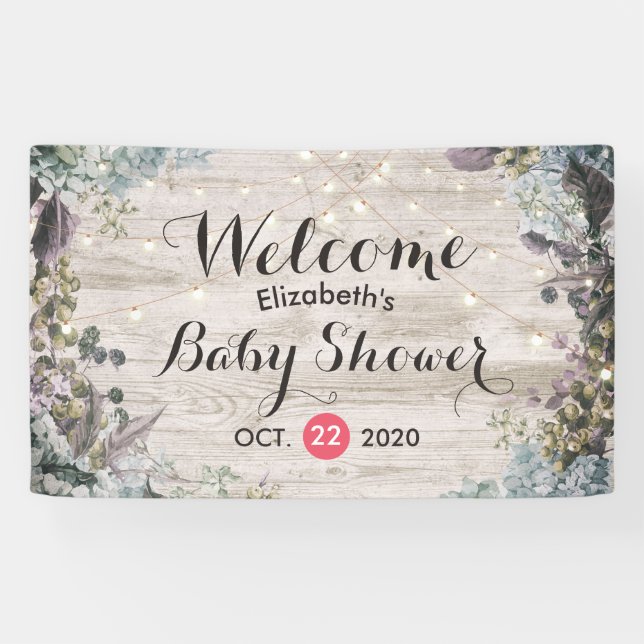 Baby Shower Chic Floral String Lights Rustic Wood Banner (Horizontal)