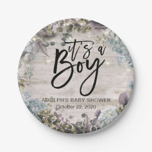 Baby Shower Chic Floral String Lights Rustic Wood Paper Plate